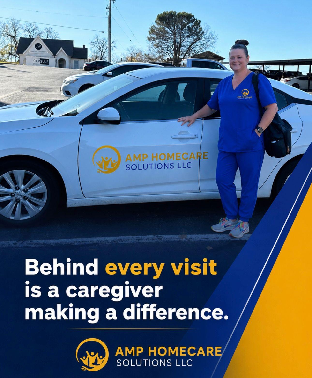 AMP HomeCare Solutions caregiver with branded vehicle — Behind every visit is a caregiver making a difference
