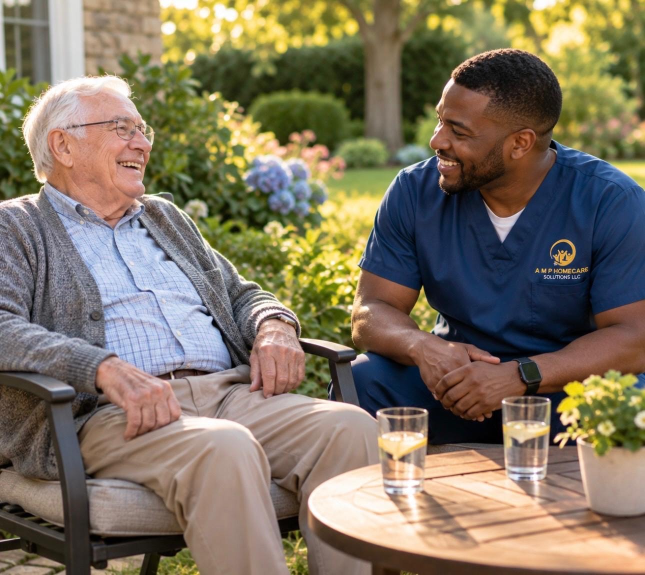 AMP HomeCare Solutions caregiver in navy scrubs laughing with elderly male client seated in a sunny garden — compassionate respite care in Connecticut