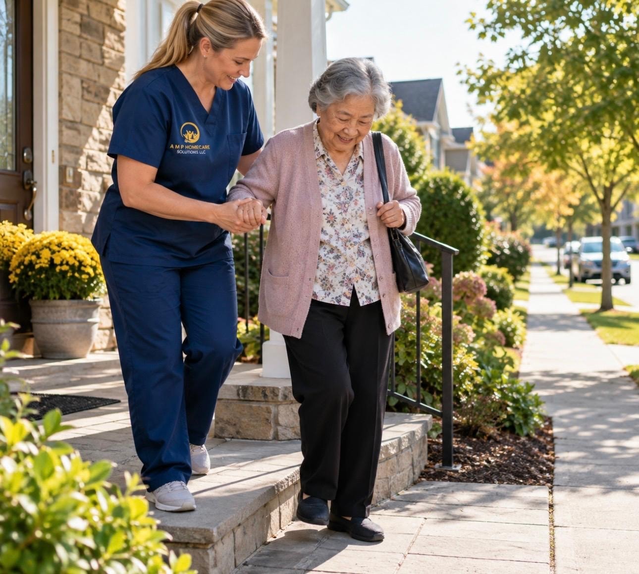 AMP HomeCare Solutions caregiver in navy scrubs gently assisting elderly Asian woman down front steps of a Connecticut home — safe, attentive respite care